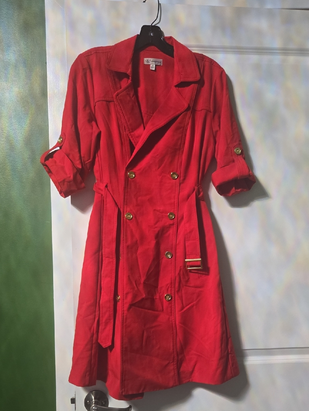 Neiman Marcus Red Double-Breasted Midi Trench Dress